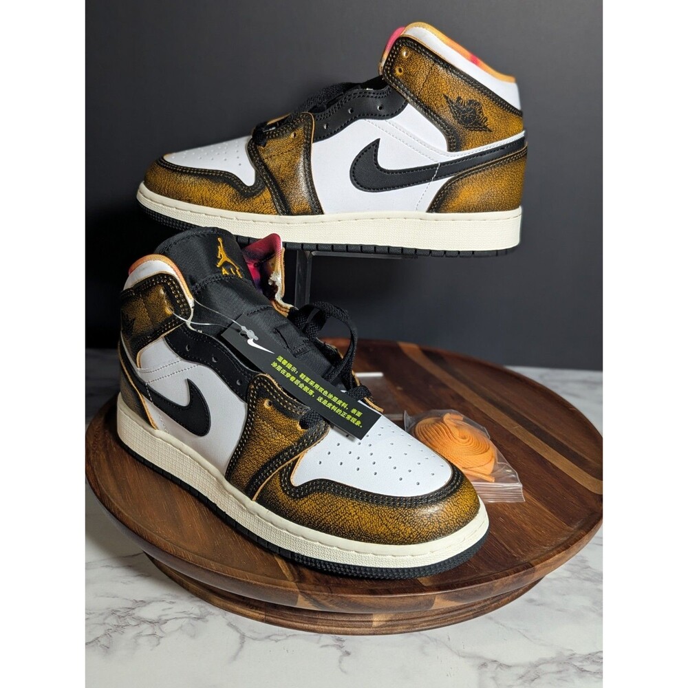Youth Air Jordan 1 Mid SE Orange Wear Away GS DQ8418-071 Black Taxi White Sail